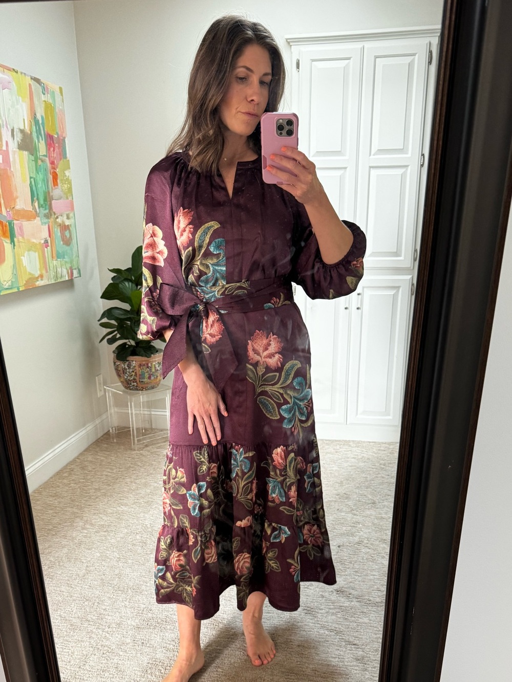 Tuckernuck Burgundy Floral Midi Dress with Tie Waist - Picture 2 of 6